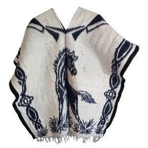 Authentic Mexican Poncho Cobija Gaban Blanket -Black & White